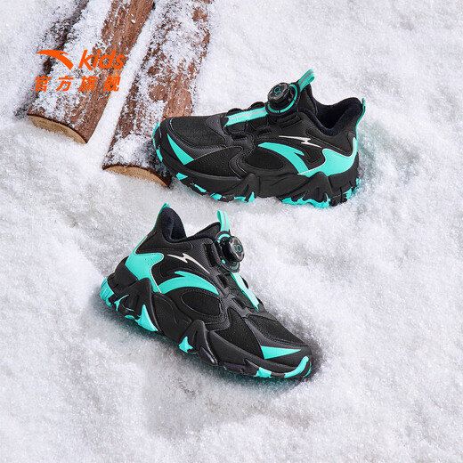 Anta children's cotton shoes for boys and girls winter non-slip knob buckle high top plus velvet warm outdoor snow boots two cotton shoes store manager recommended black/fluorescent aqua-4 35 shoe inner length 22cm