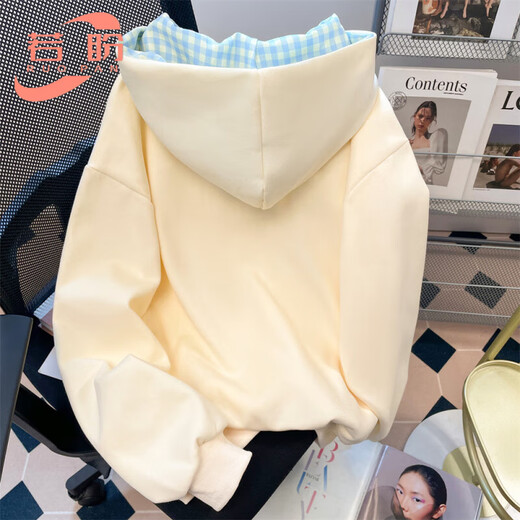 Ruopeng 2025 Spring and Autumn New Style Butterfly Plaid Strap Hooded Sweatshirt Sweatshirt for Men and Women, Versatile and Casual, Apricot Color, Velvet Style, M 80-105Jin Jin is equal to 0.5kg