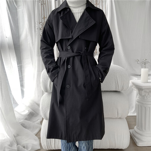 Dingfengbaoluo Korean style windbreaker men's autumn and winter cotton thickened warm and cold-proof long coat XKF68 black L