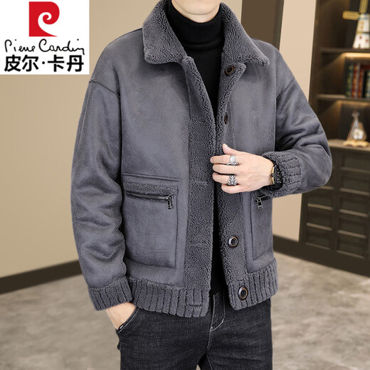 Pierre Cardin Reversible Wool Jacket Men's Autumn and Winter New Fur Jacket Men's Grain Sheep Shear Fur One-piece Men's Lapel Ribbed L 175/92A 120-135Jin Jin is equal to 0.5 kg