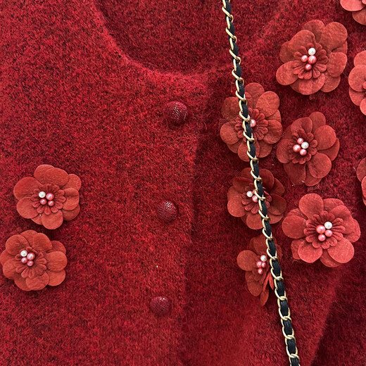 TonLion 2025 Autumn and Winter Three-dimensional Flower Design Cardigan Red Vest Women's Outerwear High-end and Versatile Casual Top