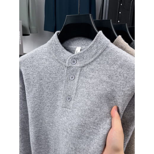 TOMMY JEANS2025 new Korean style small stand-up collar pullover sweater for men in autumn and winter casual solid color simple Henry collar knitted bottoming shirt medium gray M