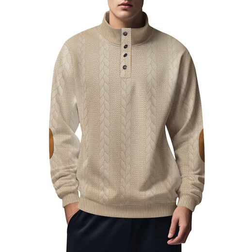 JEEP SPIRIT autumn and winter heavy jacquard men's American sweatshirt casual stand-up collar button placket long-sleeved henley shirt polar fleece jacket black S