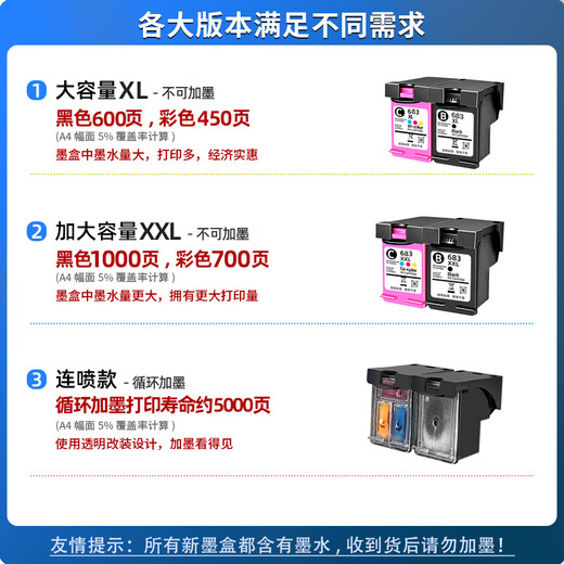 
Yuehui is suitable for HP 683 ink cartridges, suitable for desktopJet Plus 6178 6578 printer [Print 600 pages] Black large capacity-standard version
