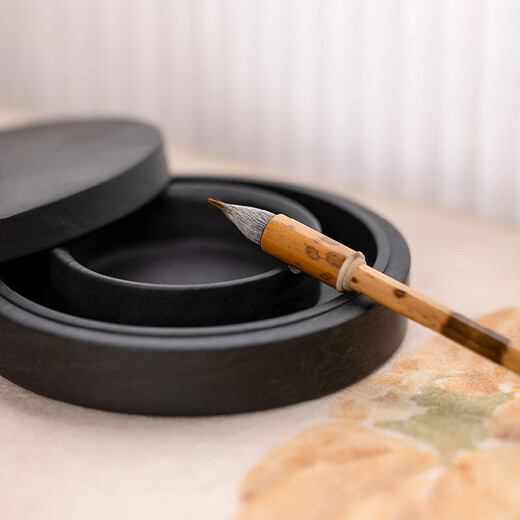 Huying 5-Zoll-Hot-Pot-Tintenstein, klassisches Modell mit Abdeckung für Kalligraphie, spezielle Doppelkreis-Tintenpatrone aus natürlichem Rohstein, feuchtigkeitsspendende und verdunstungshemmende Schleiftinte, Stiftwaschmittel für Anfänger, vier Schätze der Studie