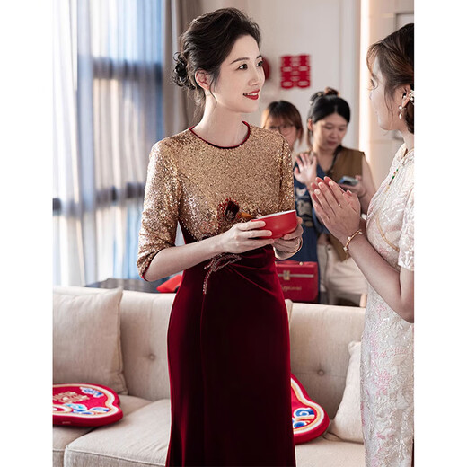 Pierre Cardin Noble Mother-in-Law Wedding Dress Women's Autumn Small Middle-aged Mother's M Dress Waist Slimming Fishtail Burgundy M Recommended 75-95 Jin Jin equals 0.5 kg