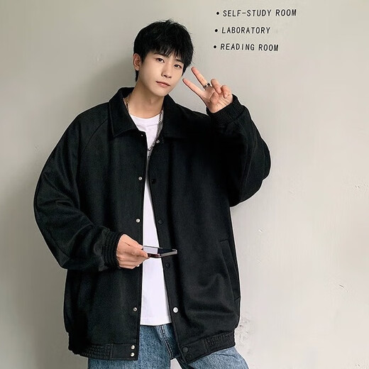 Homlean suede jacket men's coat autumn and winter loose trendy workwear casual versatile top HM21 black XL