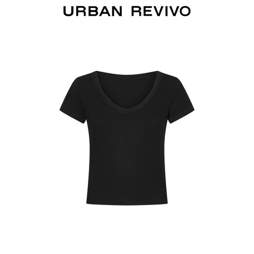 UR2025 Herbst neue Frauenkleidung Einfacher lässiger und vielseitiger V-Ausschnitt mit schlankem Kurzärärmel-T-Shirt UWB450066 Black M.