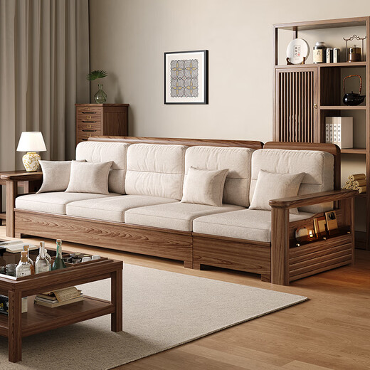 Small wooden nest sofa, mid-century style ash solid wood sofa, simple home living room combination, winter and summer dual-use small apartment furniture, straight row of four people (2+2), high box storage