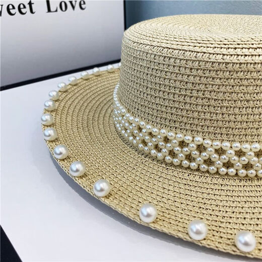Ye Yu Hepburn style hat seaside beach hat pearl straw straw hat sun hat retro internet celebrity flat top hat summer black head circumference 55-58CM