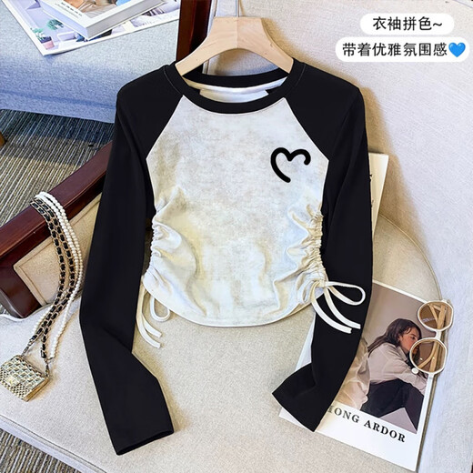 Girls raglan printed T-shirt long sleeves 2026 autumn medium and large children's style drawstring short tops slim bottoming shirt black drawstring butterfly cat 160