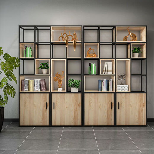 He Jiangong American loft floor-standing multi-layer storage cabinet industrial style iron storage rack with door display rack solid wood partition bookcase 80*25*200cm