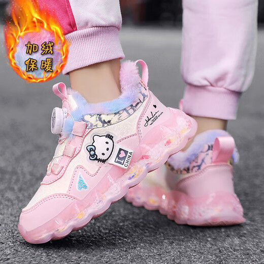 Girls' cotton shoes winter new style plus velvet and thickened large cotton girls' sports shoes leather surface waterproof anti-slip soft sole large cotton shoes 612 pink large cotton warm upgraded version 28
