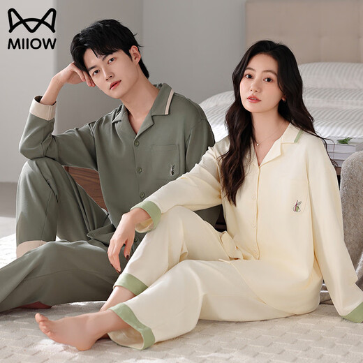 MiiOW new pajamas for women in autumn and winter pure cotton long-sleeved trousers cardigan lapel suit couple large size home wear can be worn outside A35969 female A35970 male M female