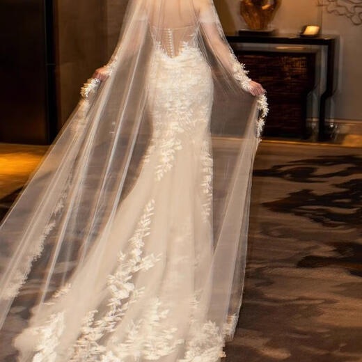
Luxury brand heavy industry lace wedding veil extra large tailed bride wedding marriage certificate long headdress white 1.5 meters wide 3 meters long_hair comb model M 175c or above