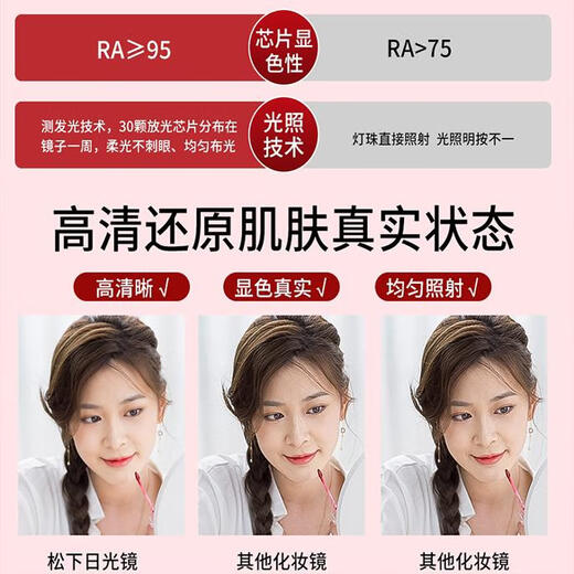 松下LED化妆镜带灯家用卧室镜子学生宿舍办公室台式桌面化妆镜子 粉色莱影+插头套餐