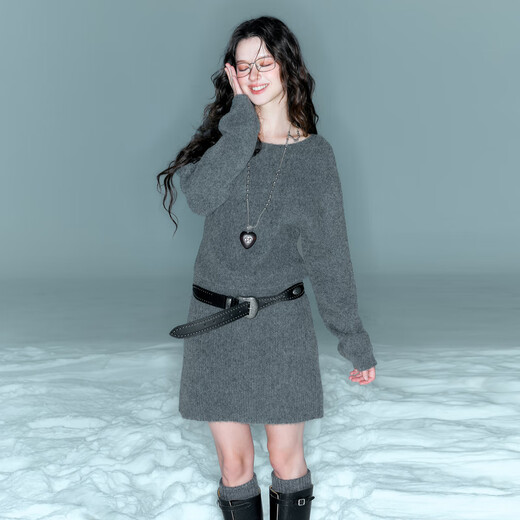 Sancai Duxing 2025 Winter New Style Round Neck Knitted Dress Long Sleeve Small A Short Skirt Bottoming Lazy F Dark Gray Pre-sale Send within 15 days of payment M 160/84A