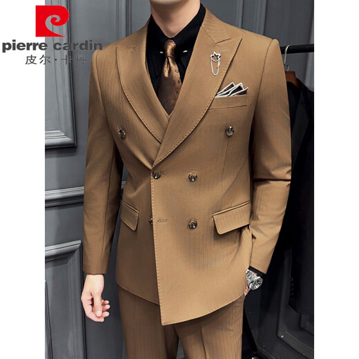 Pierre Cardin yarn-dyed dark striped double-breasted suit for men, Korean style slim and crisp business formal wedding suit, three-piece suit, medium gray (single suit) 3XL