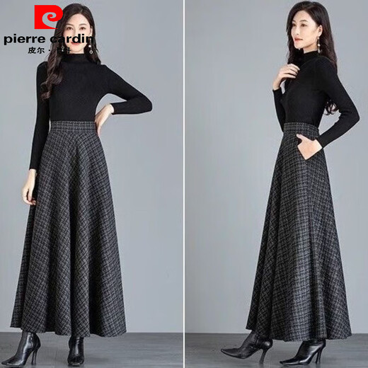 Pierre Cardin woolen skirt for women with pockets for autumn and winter 2025 new high-waisted ethnic skirt with large swing, high-waisted, mid-length floral skirt, gray and black plaid - with pockets, skirt length 85 cm XL recommended 125-140 Jin Jin equals 0.5 kg, skirt length 85 cm