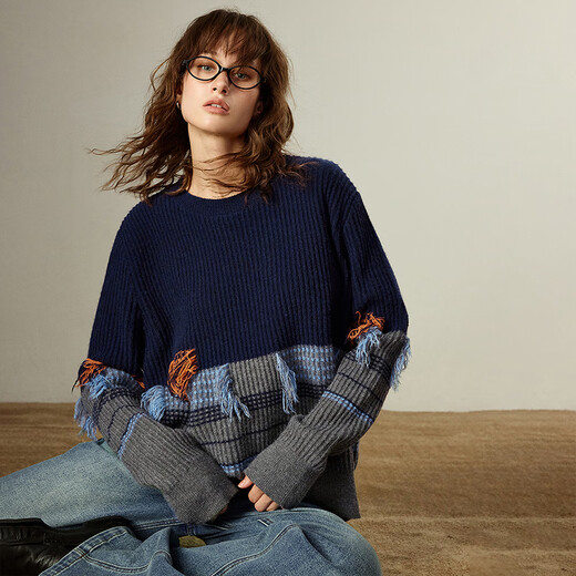 Chuyu Sweater Women's 2025 Winter New Loose Retro Nomadic Style Tassel Contrast Color High Weight Arctic Velvet Top Navy Blue L