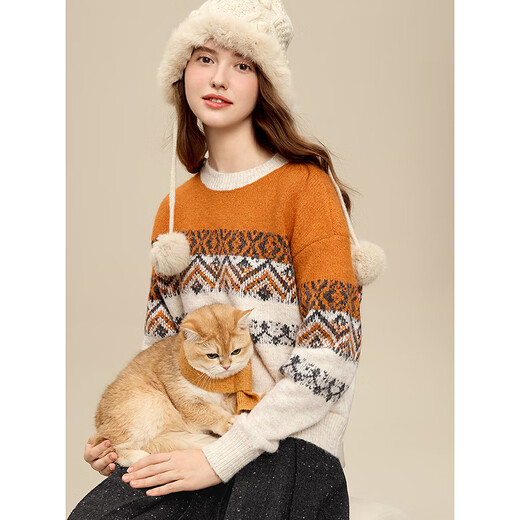 Betu Women's 2025 Winter New Sweater Retro Contrast Color Jacquard Simple Slim Round Neck Top Women 2511T46 Orange M