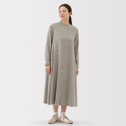 
MUJI women's flannel stand collar long sleeve dress women's skirt cotton dress 25-year autumn new product light beige check L (165/88A)