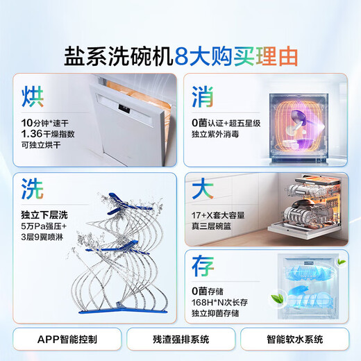 Robam dishwasher G1 Ultra salt series 17 sets, large capacity, integrated washing, washing, drying and storage, five-star disinfection, hot air drying, automatic opening and closing door, 168h long-term storage, 17 sets in white, washing, washing, drying and storage + 5-star disinfection + APP intelligent control