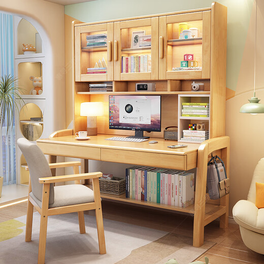 Huixun simple modern study solid wood desk home bedroom office computer desk student bookshelf bookcase integrated writing desk walnut color #desk + bookshelf 80cm*60cm*75cm total height 190cm