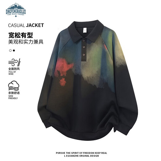 Dingfengbaoluo American Lapel Sweater Men's Spring Splash Print Loose Casual Long Sleeve XKP10 Black XL