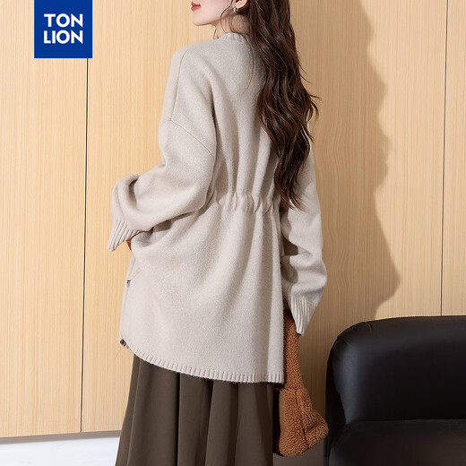 TonLion Women's New Autumn and Winter Loose Solid Color Pullover Jacket Temperament-style Belt Design Long Pullover Apricot Gray S