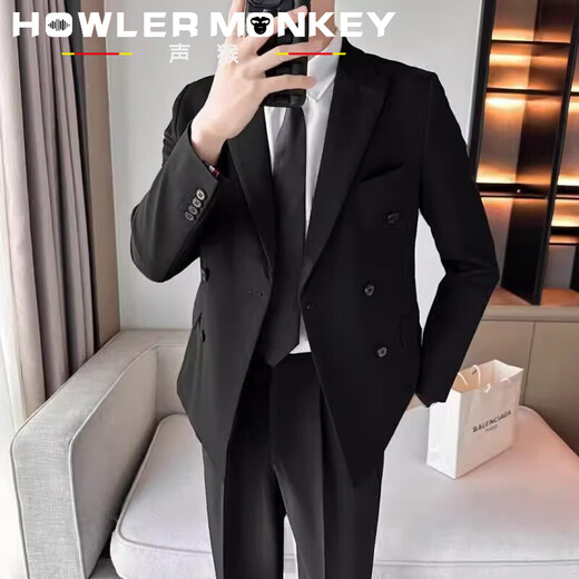 Sound Monkey Suit Men's Interview Professional Student Formal Suit Wedding Dress New Groomsman Business Casual Jacket Men Black Suit + White Shirt + Black Pants + Tie L