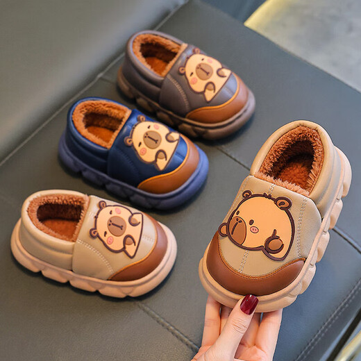 Kapibara children's cotton slippers for boys in autumn and winter 2025 new style for home and outdoor wear parent-child non-slip girls to keep warm upgraded version of environmentally friendly material light coffee (heel included) 12 36/37 size (suitable for 35/36 feet)