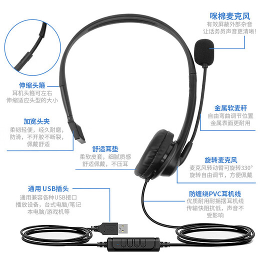 Operator's special headset, customer service headset, noise reduction, mobile phone, desktop laptop, headset, outbound call sales, telemarketing, student online class, wired with microphone, headset, USB interface-tuning function