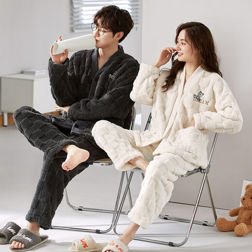 Langsha Couple Pajamas Autumn and Winter Coral Velvet Plus Velvet Thickened Men and Women Warm and Wearable Cartoon Home 2-piece Set Line Bear L Women's Style