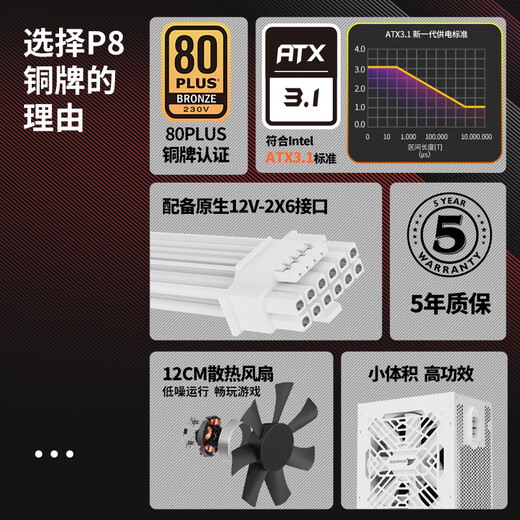 长城（Great Wall）额定850W P8白色铜牌直出线电源（ATX3.1/原生12V-2x6/单路12V/全电压/12CM风扇/支持5080显卡）