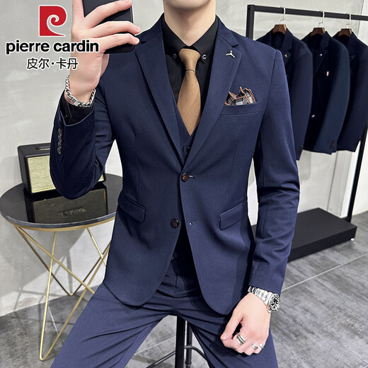 Pierre Cardin business casual single-breasted suit suit groom Korean style men's slim double slit small suit lapel collar formal suit black suit + trousers + vest free black tie XL