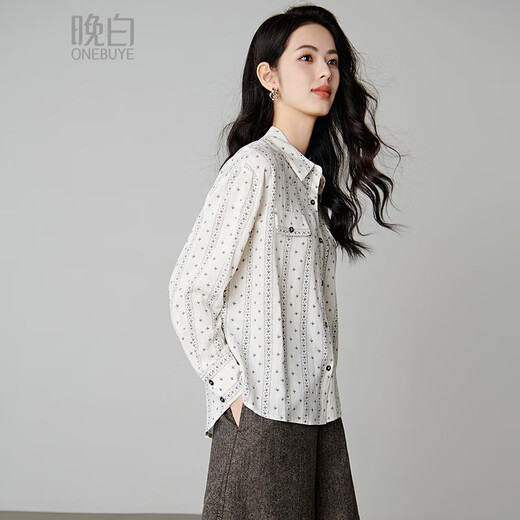 Late White New Product 2025 Autumn Temperament Printed Shirt Skin Friendly Elastic Casual Lapel Shirt for Women Color XL