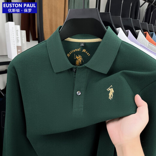 EUSTON PAUL Autumn new style 100% cotton men's long-sleeved T-shirt high-end lapel embroidery versatile POLO shirt for young and middle-aged people Black L (50) Weight 120-140Jin Jin is equal to 0.5 kg