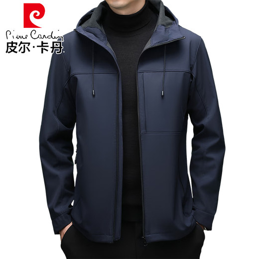 Pierre Cardin Jacket Men's Hooded Velvet Thickened Soft Shell 2025 New Middle-aged Dad Autumn and Winter Men's Jacket Jacket Navy XL