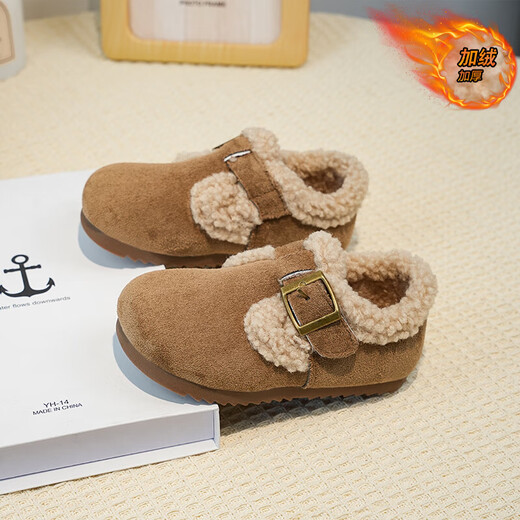 Girls' Birkenstock shoes plus velvet children's shoes 2025 winter new little girl's cotton shoes autumn and winter edamame shoes khaki color size 34 inner length 20.8cm