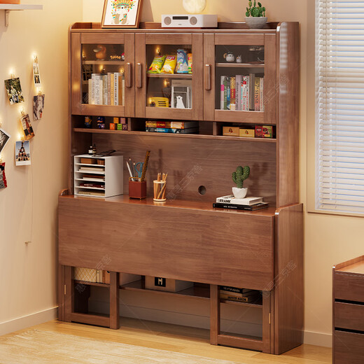 Huixun Nordic Solid Wood Folding Desk and Bookcase Integrated Bedroom Simple Office Computer Desk Bedside Retractable One-piece Study Table Walnut #Folding Desk + Bookshelf 80cm*60cm*75cm Total Height 186cm