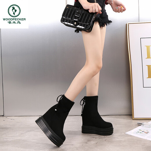 Woodpecker 2025 Autumn and Winter Inner Heightening Thick-soled Short Boots Wedge Super High-heeled Shoes 12CM Mid-calf Boots Suede Stretch Women's Boots Black Heel Height 11cm 34