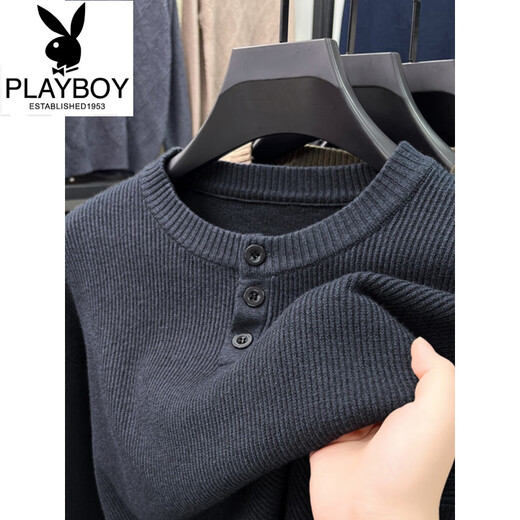 Playboy (PLAYBOY) Henry collar T-shirt men's long-sleeved autumn new jacquard inner layering shirt three-button round neck men's knitted sweater wool T black Q-19227 M 48