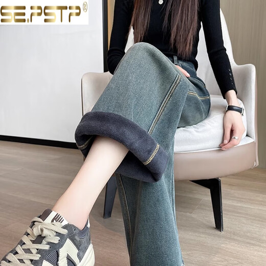 Xia Dian Sudian Queen (SE.PSTP) narrow version thickened velvet wide leg jeans for women 2025 autumn and winter new large size high waist loose slim straight length retro blue thickened velvet L recommendation 106-120