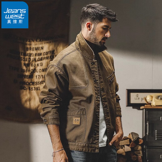 Jeanswest 365g heavyweight retro American work jacket men's spring trendy brand loose tough guy hunting casual jacket men's autumn and winter Khaki XL suitable for 140-160Jin Jin equals 0.5 kg