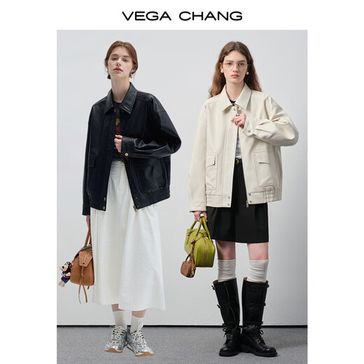 VEGA CHANG Black Leather Jacket Women's Autumn Small American Retro Versatile Leather Jacket Motorcycle Black S