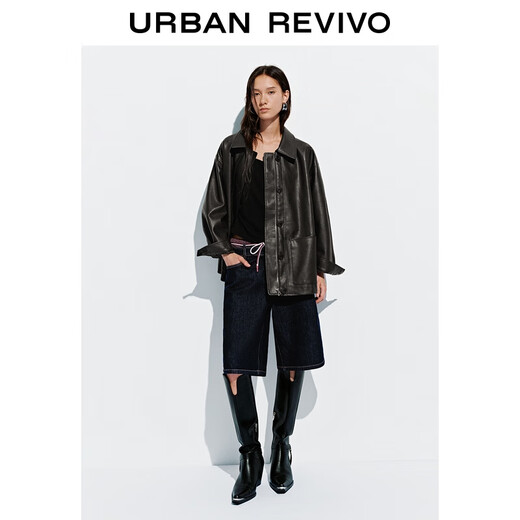 UR2025 Autumn New Women's Amber Streamer Style Casual Leather Lapel Loose Jacket UYL150087 Dark Brown S