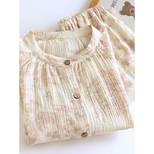 Langsha Pure Cotton Pajama Женская японская круглая шея весна и осень-летние длинные рукава тонкая двойная марляная конопляная конопля для дома белые осадки [детская марла-круглая шея] L [115-135Jin [Джин равняется 0,5 кг]]