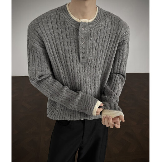 Unicorn cool American Henry collar sweater men's autumn and winter trendy brand old money style men's top with fake two-piece knitted sweater for men Gray M