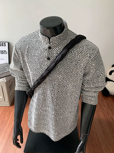 Yingtang American Henry Collar Sweatshirt Men's Spring and Autumn Heavyweight Right Shoulder Bottoming Shirt Loose Jacket Top Men CQS-3309 Gray M